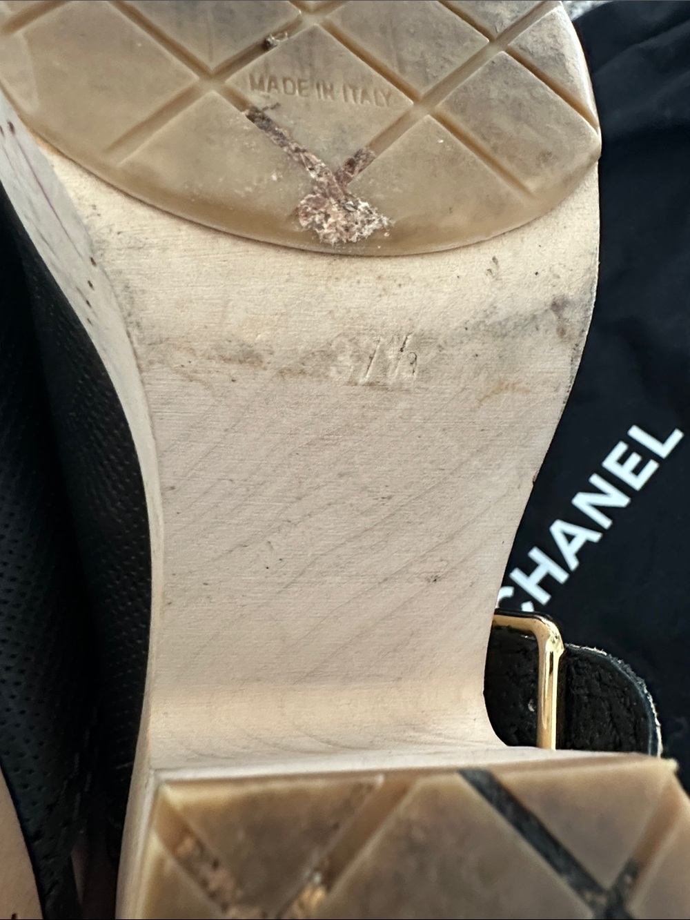 CHANEL Black Leather Peep-Toe Cork Block Heel Mules - Picture 5 of 10
